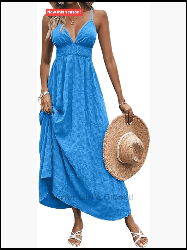 V Neck Backless Maxi Dress Boho Spaghetti Strap Flowy Beach Sundress
